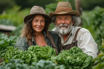 A couple proudly poses in a sun-drenched field of crisp lettuce, their fashionable hats and beaming smiles embodying the beauty and wholesomeness of locally-grown, natural produce