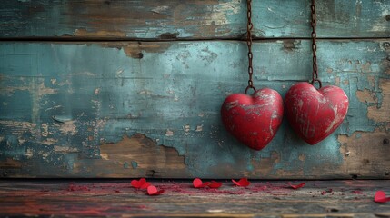 Na drewnianej ścianie wisi dwa czerwone serca, zawieszone na łańcuchu. - obrazy, fototapety, plakaty