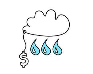 Abstract blue drop with clouds and dollar as line drawing on white