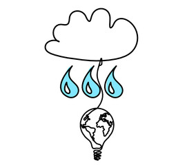 Abstract blue drop with clouds and light bulb as line drawing on white
