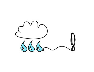 Abstract blue drop with clouds and exclamation mark as line drawing on white