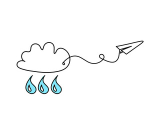 Abstract blue drop with clouds and paper plane as line drawing on white