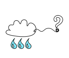 Abstract blue drop with clouds and question mark as line drawing on white