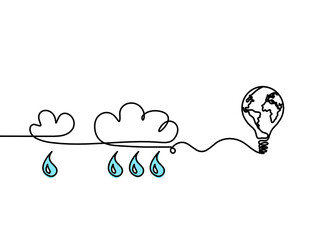 Abstract blue drop with clouds and light bulb as line drawing on white
