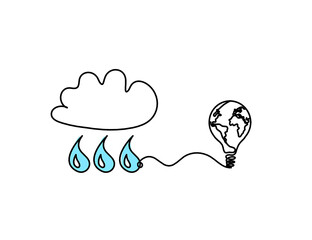 Abstract blue drop with clouds and light bulb as line drawing on white