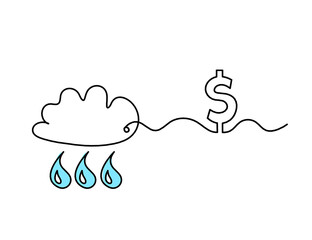 Abstract blue drop with clouds and dollar as line drawing on white