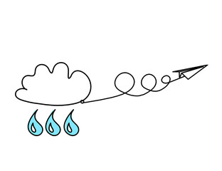 Abstract blue drop with clouds and paper plane as line drawing on white