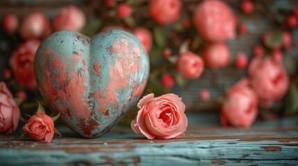 Metalowe serce vintage ze sdrapana różową farbą wśród rózowych kwiatów miłości - obrazy, fototapety, plakaty