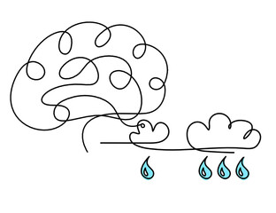 Abstract blue drop with clouds and brain as line drawing on white