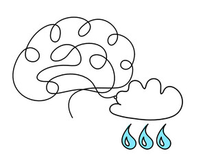 Abstract blue drop with clouds and brain as line drawing on white
