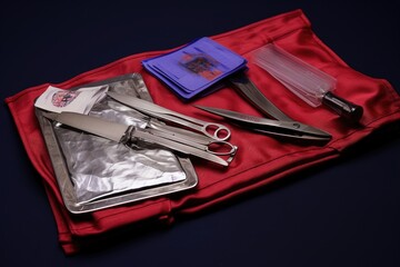 A pair of scissors neatly positioned over a vibrant red bag, creating a visually striking arrangement, Wound care dressing set and stainless steel plate, AI Generated