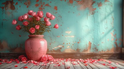 Różowa waza wypełniona różowymi różami stoi na drewnianej podłodze. - obrazy, fototapety, plakaty