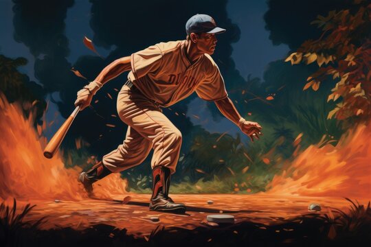 A depiction of a baseball player in motion with a bat, captured in a beautifully painted artwork, Man playing softball, AI Generated