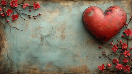 Ramka , tło valentynkowa z sercem i kwiatami z gałęziami na rogach. Textura betonowej ściany vintage - obrazy, fototapety, plakaty