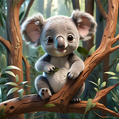 Koala in a forest. Illustration of a cute baby koala. Image made in AI.