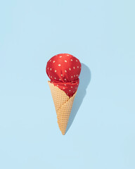 Silk fabric with dots wrapped in a ball shape, in a cone, creative fruit ice cream, strawberry flavor, summer fashion trend.