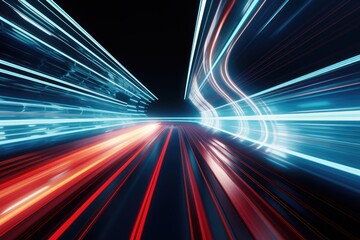 Captivating long exposure image displaying a brightly lit tunnel, conveying a sense of motion and depth., One-point perspective of a high-speed data transfer tunnel, AI Generated