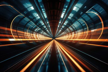 A mesmerizing tunnel with vibrant lights emanating from the end, creating a captivating visual experience., One-point perspective of a high-speed data transfer tunnel, AI Generated
