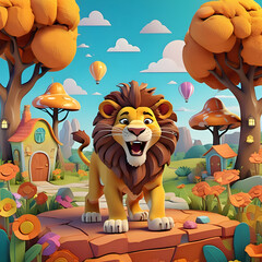 Lion in 3D. Friendly lion in a childish and colorful setting. Image made in AI.