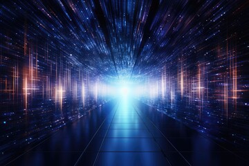 An empty tunnel stretches into darkness, but a radiant light beckons at the distant end, offering hope and new opportunities., One-point perspective of a high-speed data transfer tunnel, AI Generated
