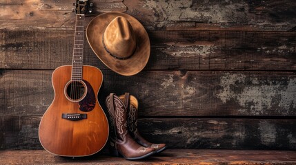 an acoustic guitar, cowboy hat, and boots arranged against a blank wooden plank grunge background, providing ample copy space for text or branding.