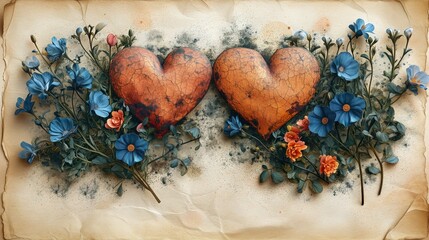 Obraz przedstawia dwie serca otoczone kwiatami na teksturze nadpalonego papieru. 