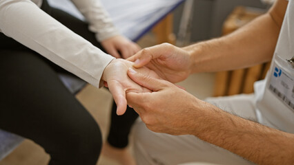Therapist man performs hand physiotherapy on female patient in a rehabilitation center.