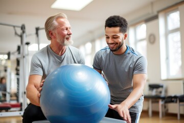 Fototapeta na wymiar Older and Younger Men Working Out With Gym Ball for Fitness and Strength Training, Physiotherapist working with young male patient in the rehabilitation center, AI Generated