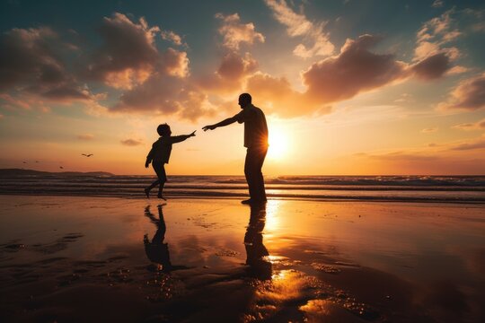 A heartwarming image of a father and son enjoying quality time together while playing on the beach during a breathtaking sunset., photo of a father and son playing on the beach, AI Generated