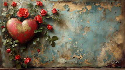Serce rozkwita z różami na tle ściany retro o teksturze zdrapanej  starej farby. - obrazy, fototapety, plakaty