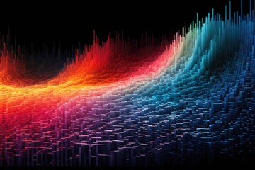 An image showing a vibrant and dynamic waveform of sound against a sleek black background, Polychromatic waves riding on binary code, AI Generated
