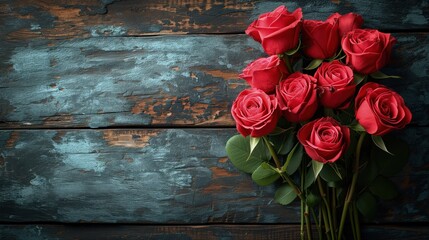 Bukiet czerwonych róż ustawiony na drewnianym stole. Leży płasko. - obrazy, fototapety, plakaty