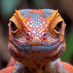Naklejka premium Close-up portrait shot of an exotic, expressive lizard in a rainforest. Macro photograph.