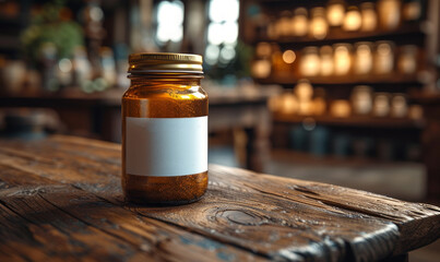 Mockup. Glass jar on a blurred background. White label