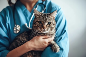 Veterinarian holding a cat in his arms. Cat at the doctor's appointment. Pet health. 