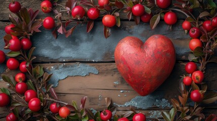 Ramka z jarzębiny czerwonej i serce w środku na boku. Miejsce na tekst