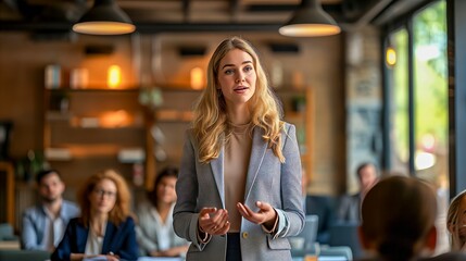 Professional Woman Presenting To Colleagues In A Cozy Meeting Room With Warm Ambient Lighting.
