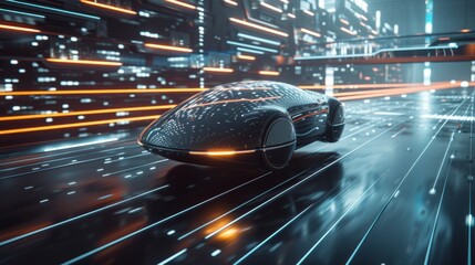 A futuristic vehicle hovering over a luminous grid, epitomizing the transportation of tomorrow. - obrazy, fototapety, plakaty