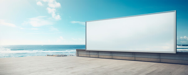 horizontal mockup large blank billboard on a beach with clear blue sky and turquoise ocean waves in the background. Travel and tourism advertisements, summer events announcements