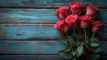 Na drewnianym stole widzimy wiązankę czerwonych róż, symbolizujących temat walentynkowy i miłości oraz romansu. - obrazy, fototapety, plakaty