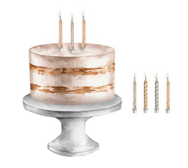 Sweets birthday cake on a stand with gold and silver color candles. Watercolor light illustration of design for holidays or wedding pastel colors. Hand drawn illustration on isolated white background.