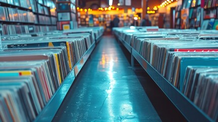 A record store filled with vinyl records, celebrating the nostalgia of analog music.