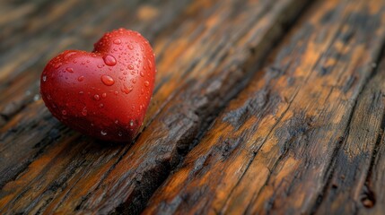Czerwone serce leży na drewnianym stole. - obrazy, fototapety, plakaty