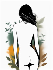 Drawing of woman's back with plant in the background.