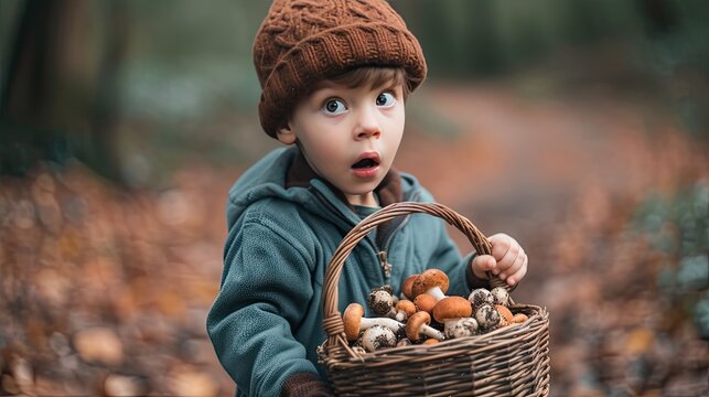 cute little boy holding a basket of mushrooms, his face displaying a surprised expression, highlighting the delightful interaction between the child and nature's bounty.