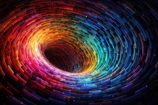 A mesmerizing image of a vibrant rainbow-colored spiral surrounded by glittering stars, Rapidly shifting prismatic shapes within a digital vortex, AI Generated