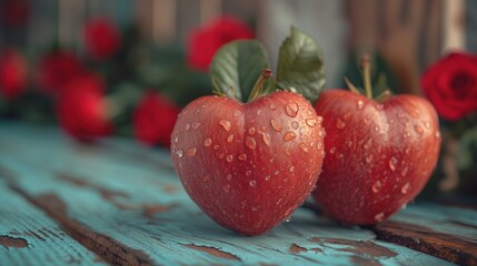 Para czerwonych jabłek w kształcie serca z kroplami porannej rosy, w tle miłosne róże - obrazy, fototapety, plakaty