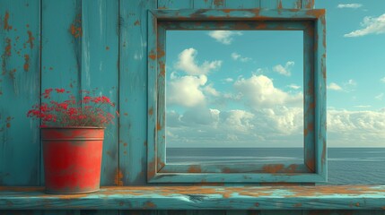 Uspakajający obraz jasno niebieskiego parapetu okna z widokiem na ocean. Czerwona doniczka z kwiatami z boku. 