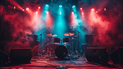 A rock concert's stage setup, featuring electric guitars and drums, embodying high-energy performances. - obrazy, fototapety, plakaty