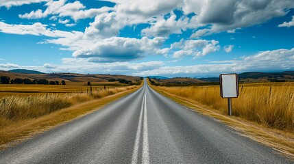 Obraz premium Vast Road Stretching The Horizon Under A Dynamic Sky With A Single Blank Signpost Amidst Fields.